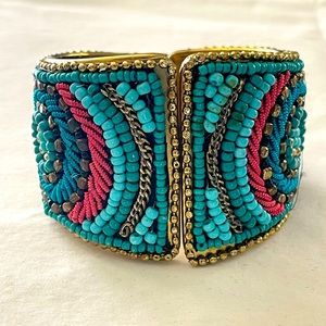 Cuff bracelet, turquoise beads, pink braiding, bronze accents, hinged cuff